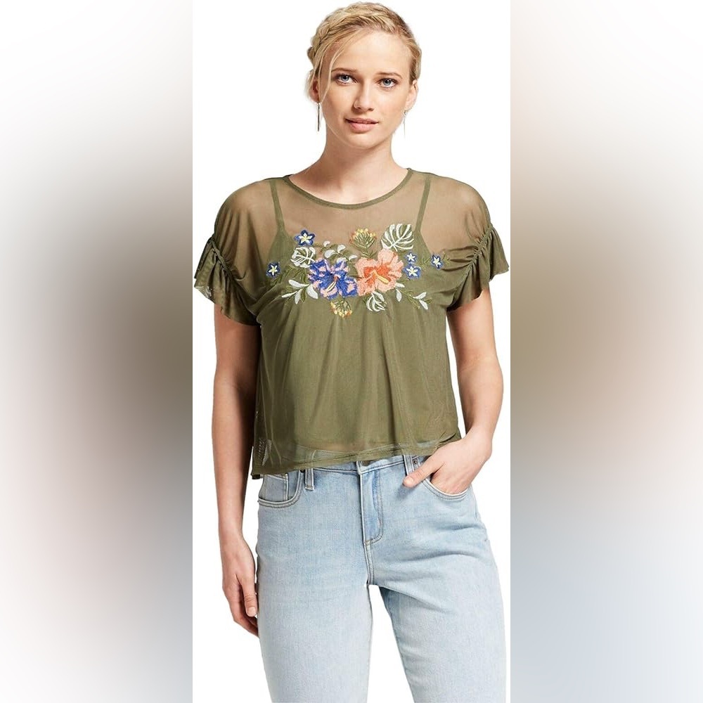 Women’s Mesh Embroidered Short Sleeve Top - Olive - (Medium)